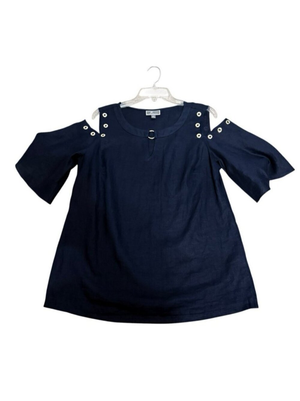 JM Collection Cold Shoulder Linen Women's Top Size Medium Navy Blue